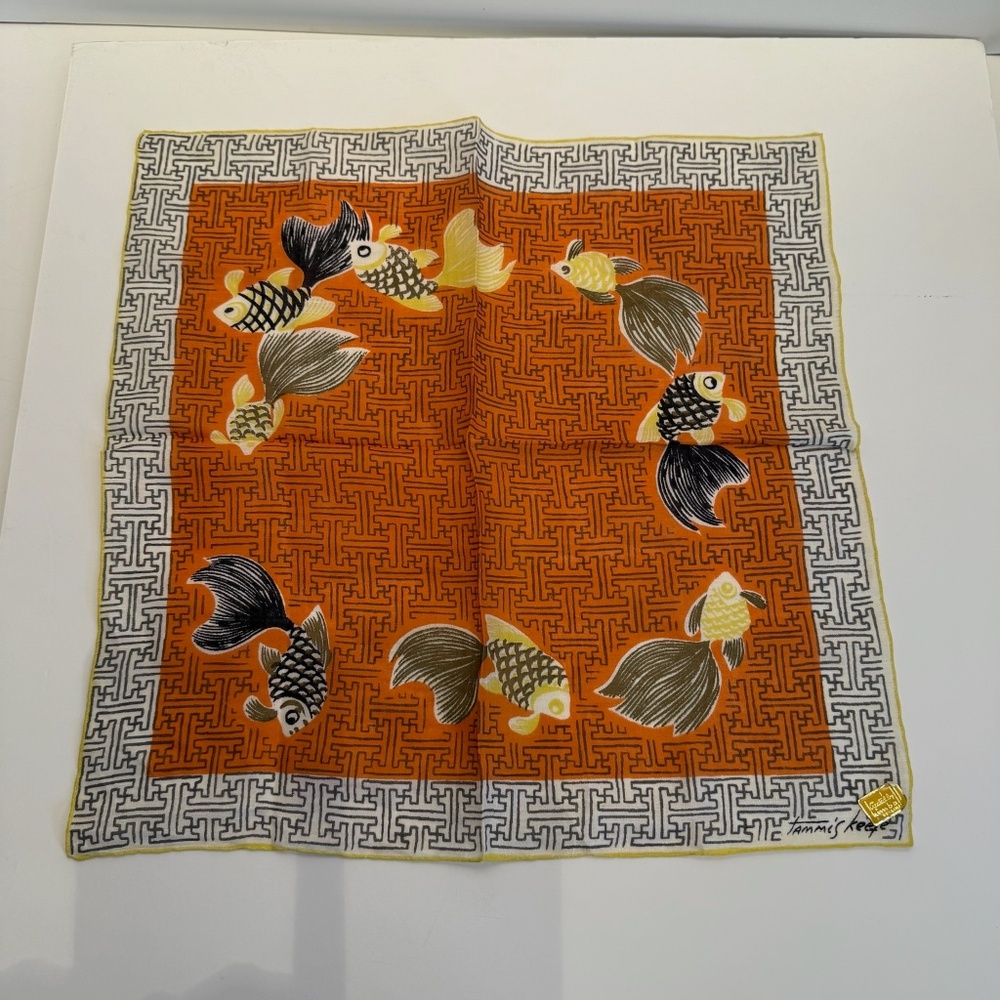 Rare, Vintage 1950's Tammis Keefe Koi and Fish Cotton Hankie, New With Tags